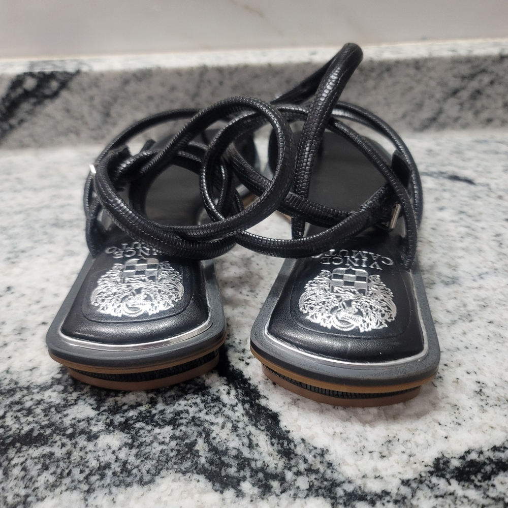 Vince Camuto Pertema Leather Embossed Ankle Strap Flat Sandals - Picture 7 of 8